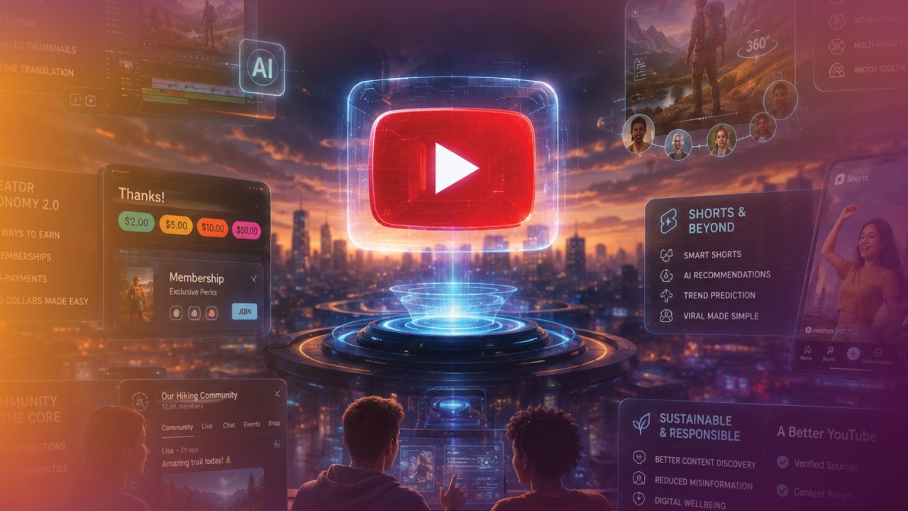 Futuristic YouTube-themed illustration with a glowing red play button, AI and social-media interface panels, creator community scenes, and a city skyline at sunset
