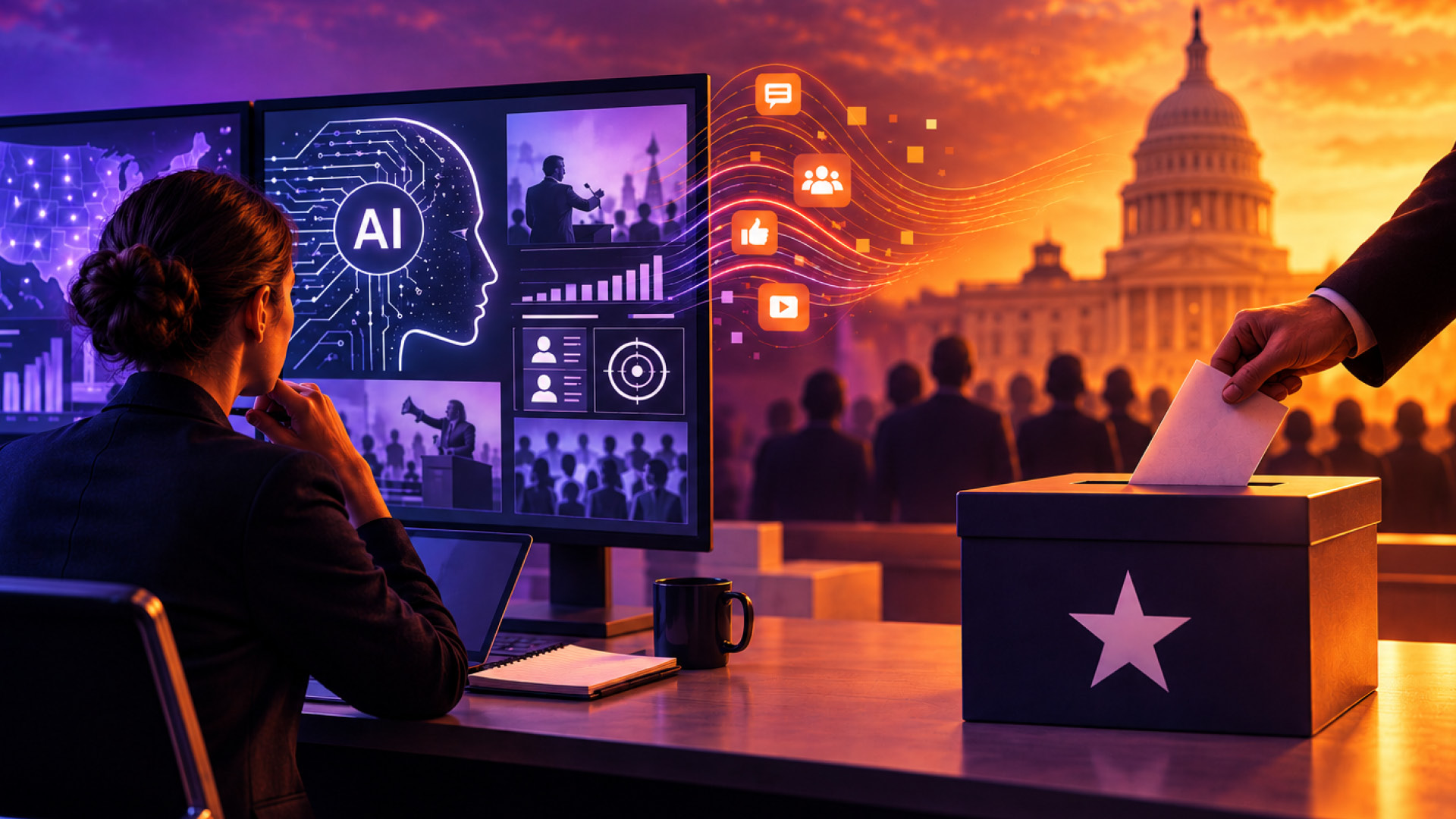 A campaign strategist reviewing AI dashboards beside a ballot box, with the U.S. Capitol at sunset in the background