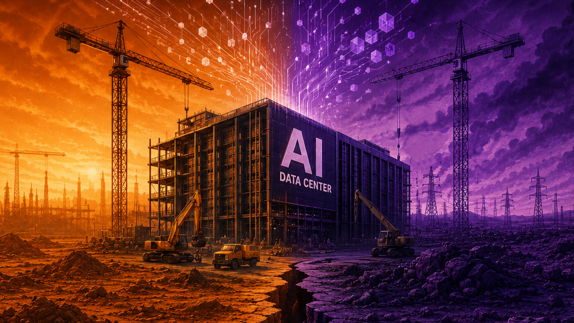 Illustration of an AI data center under construction beneath a split orange and purple sky, flanked by cranes and power lines