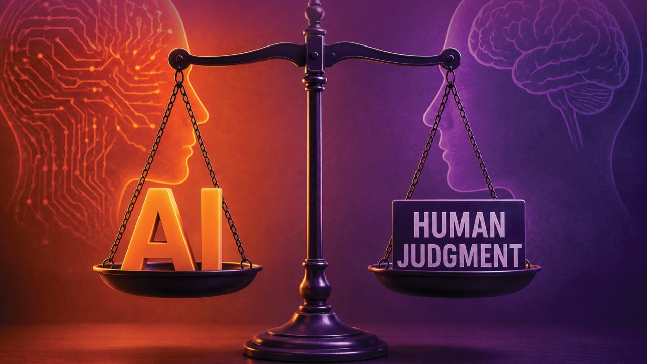 A scale balancing glowing AI circuitry against human judgment, symbolizing the balance between technology and human insight in communications