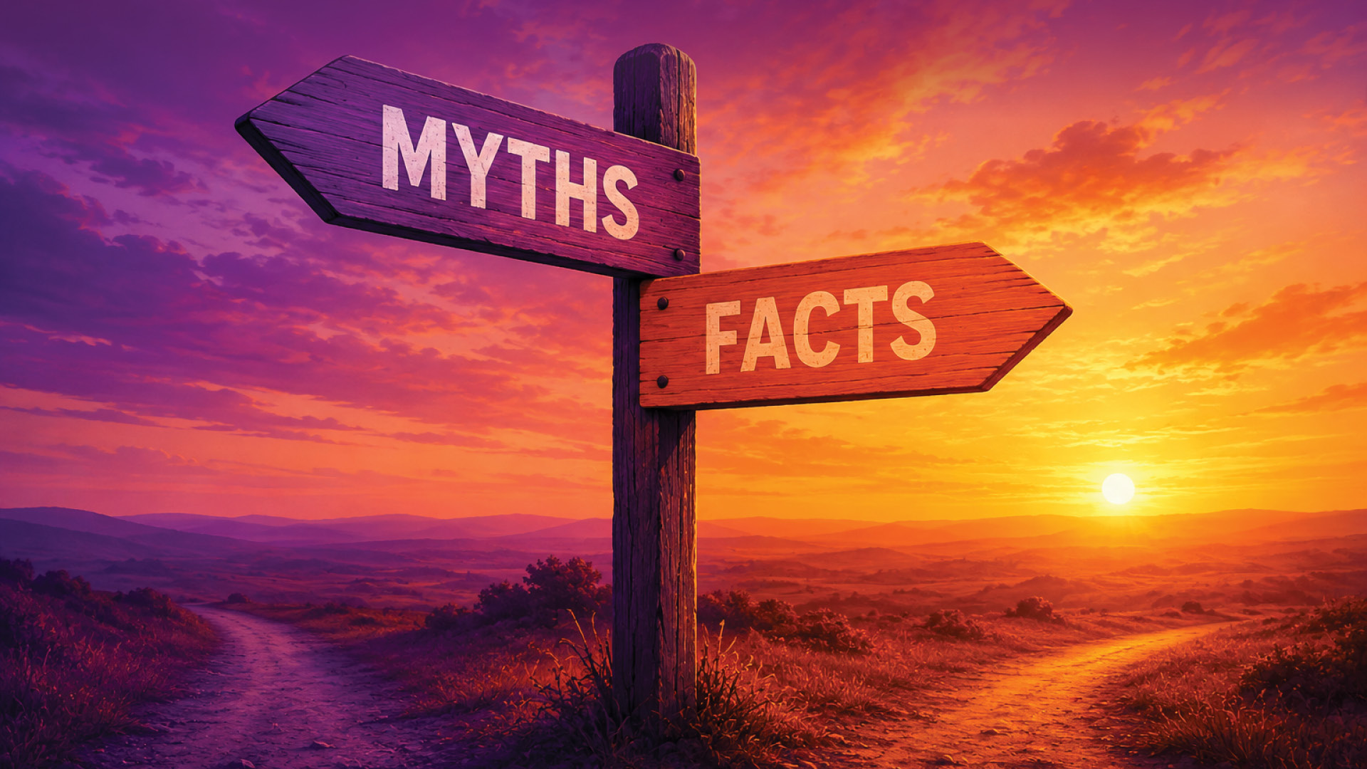 Wooden signpost with two arrows pointing in opposite directions, labeled MYTHS and FACTS, against a purple and orange sunset landscape