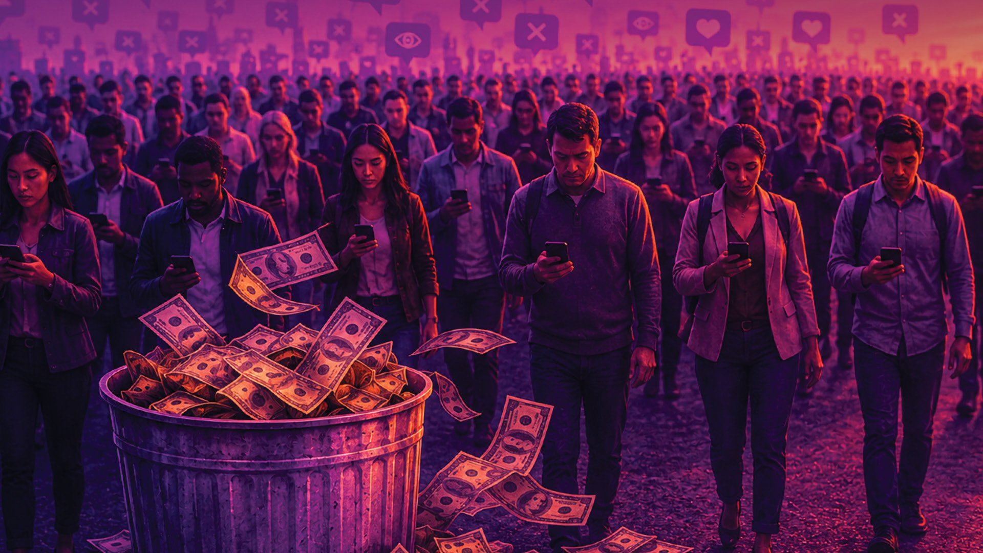 Crowd of people looking at phones while dollar bills spill into a trash can, symbolizing wasted advertising spend